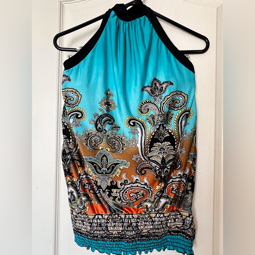 Body Central Turquoise and Orange paisley halter top NWOT L